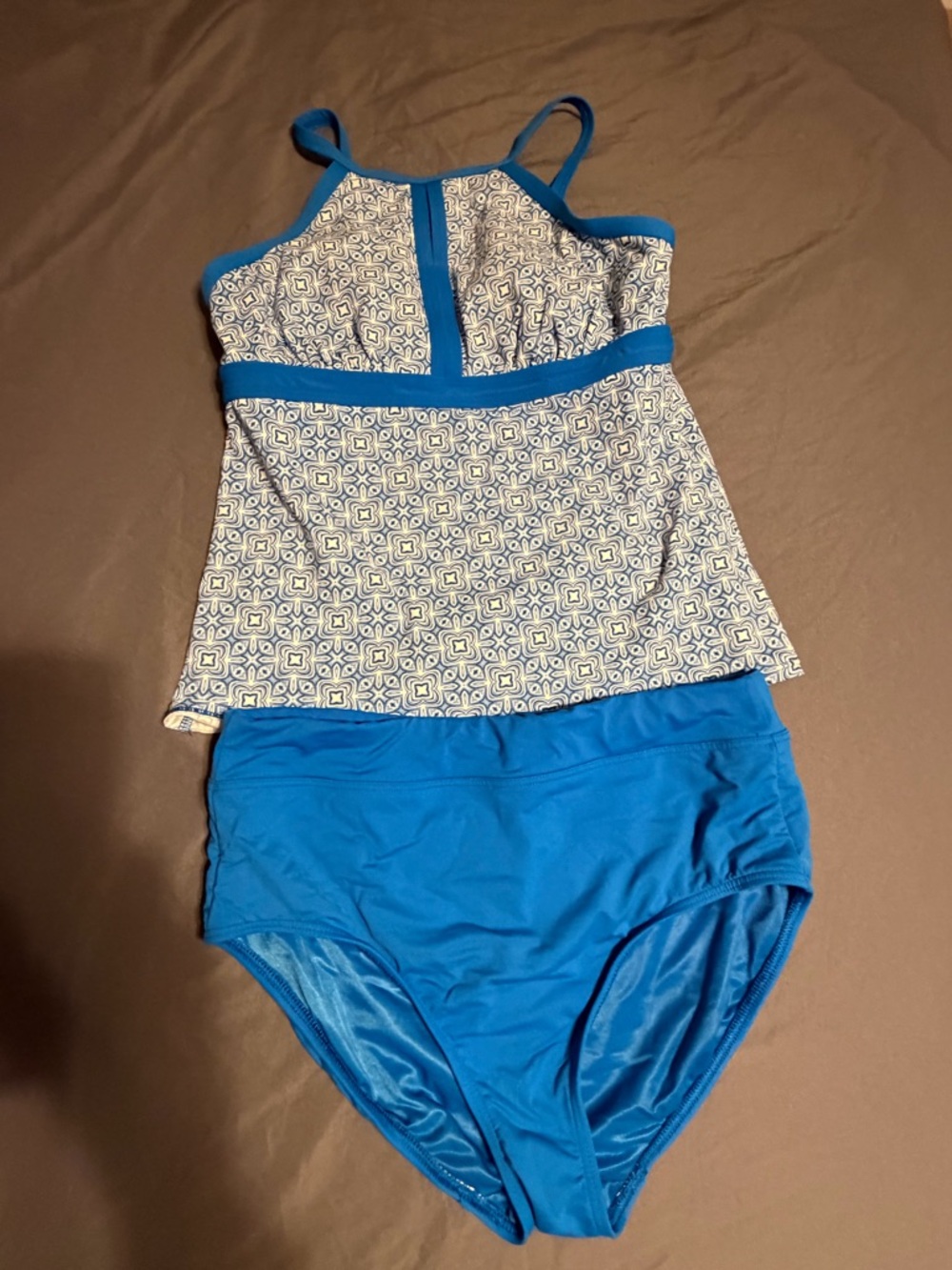 Lands' End Blue Printed Tankini with Solid Blue High-Waist Bottom